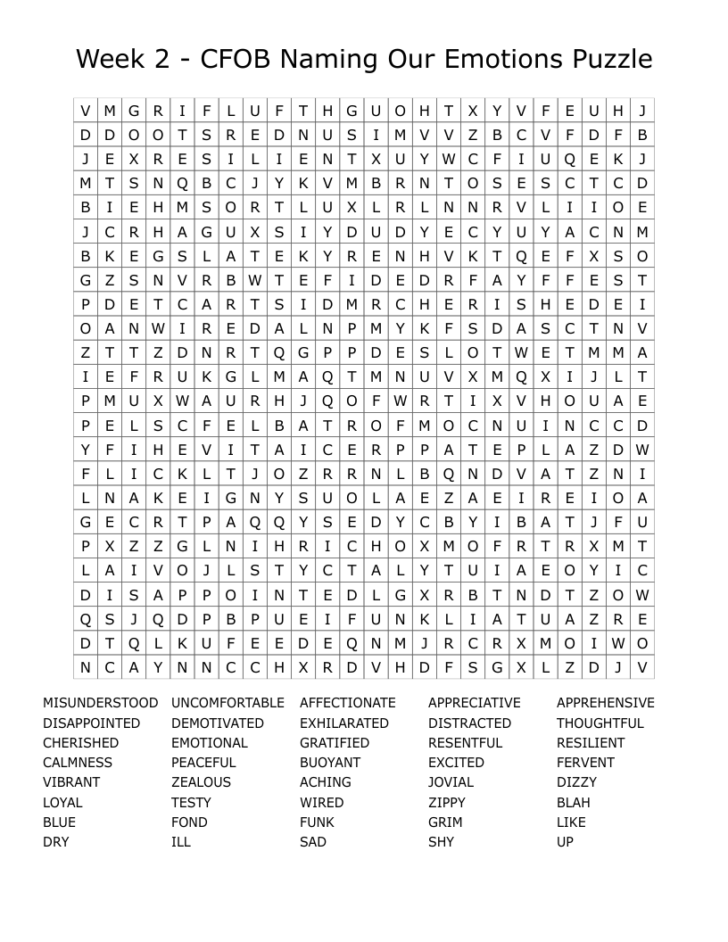 Week 2 - CFOB Naming Our Emotions Puzzle Word Search