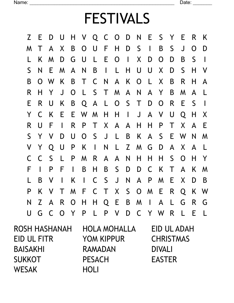 FESTIVALS Word Search