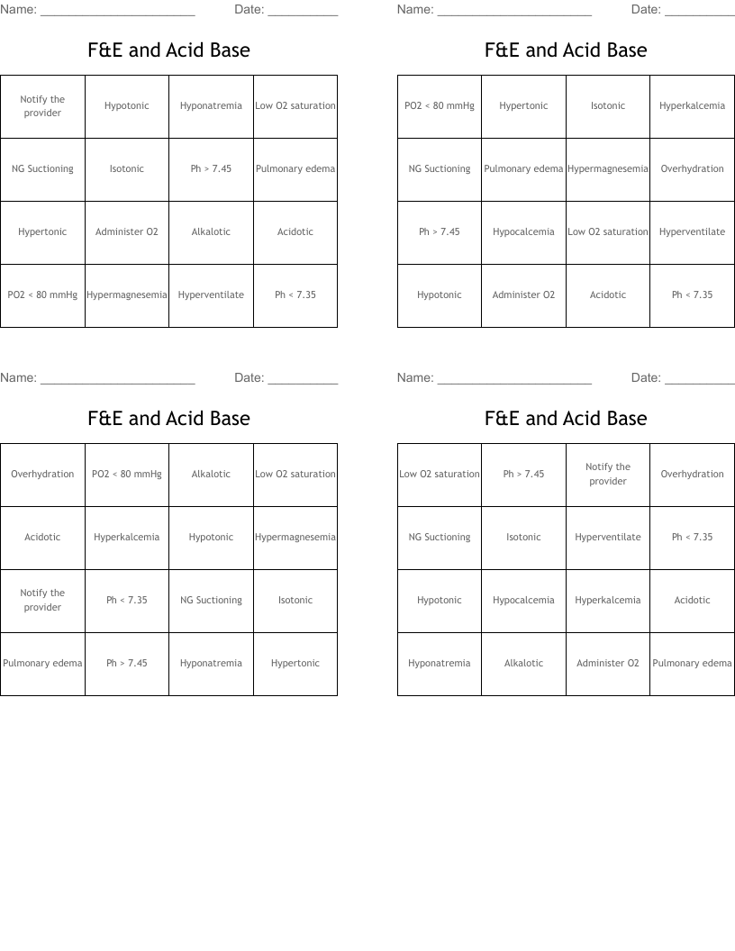 F&E and Acid Base Bingo Cards