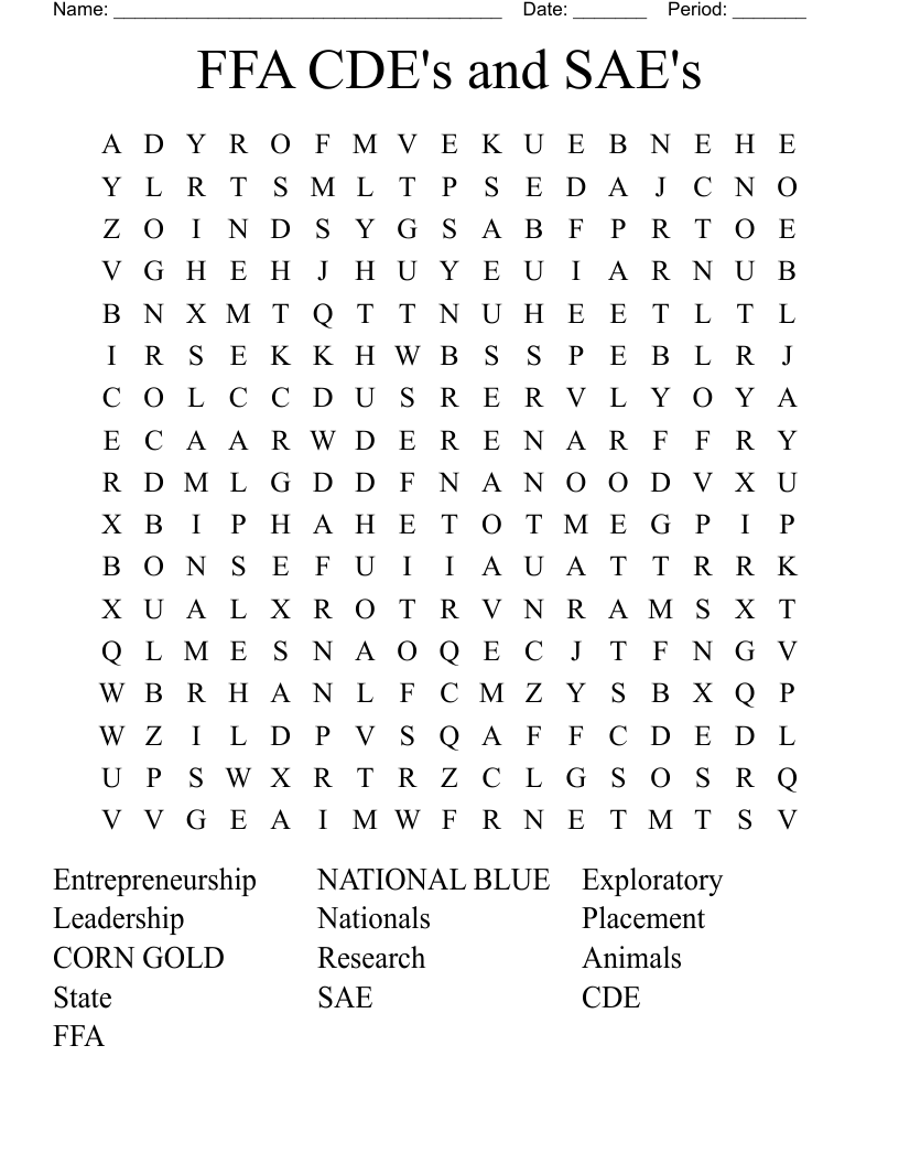 FFA CDE's and SAE's Word Search