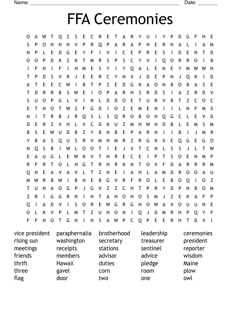 FFA Ceremonies Word Search