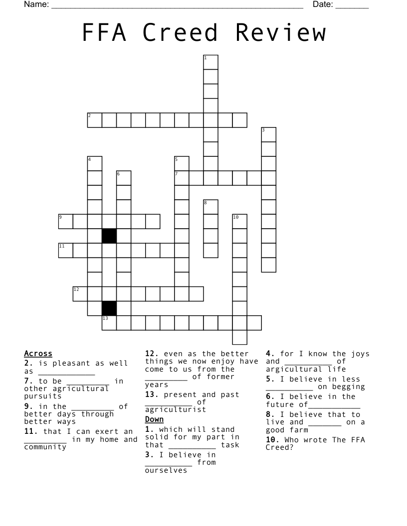 FFA Creed Review Crossword