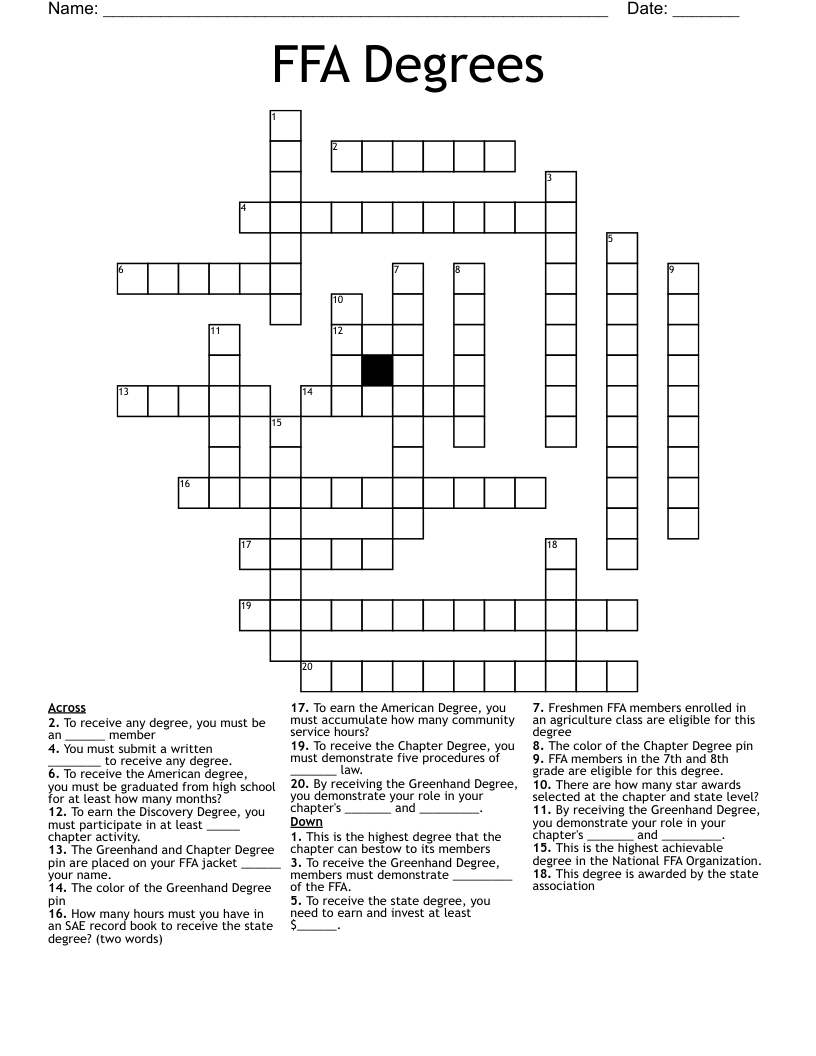 FFA Degrees Crossword