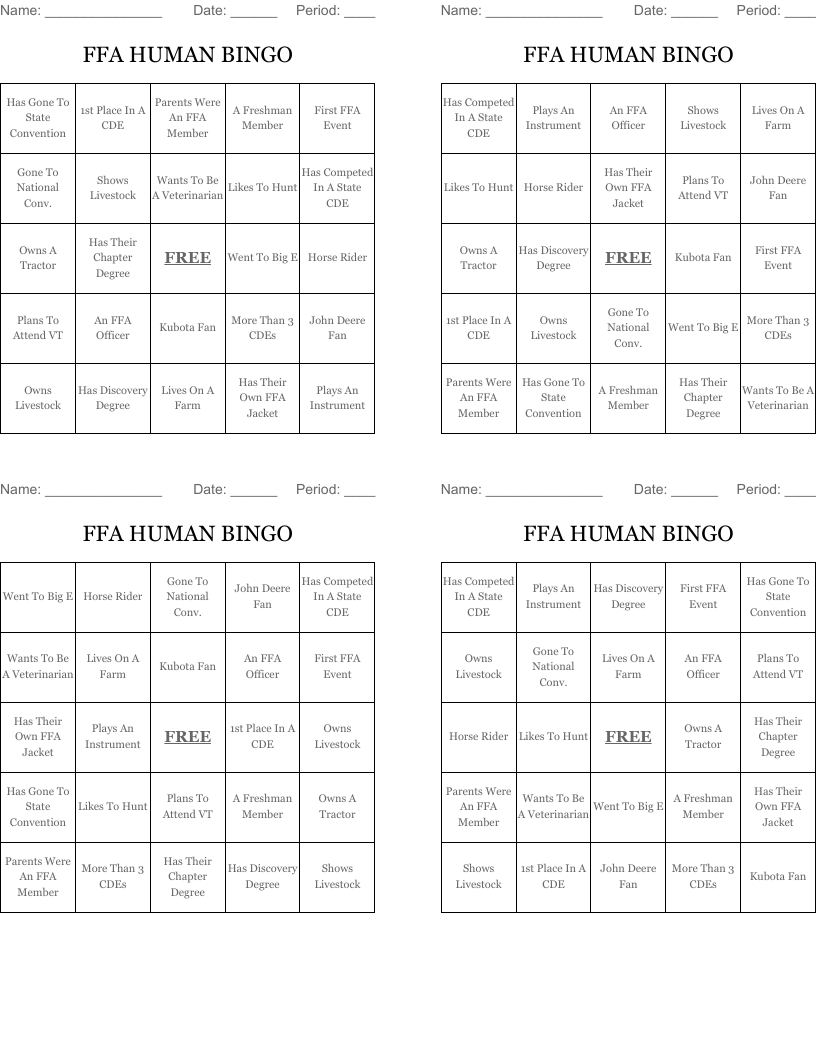 FFA HUMAN BINGO