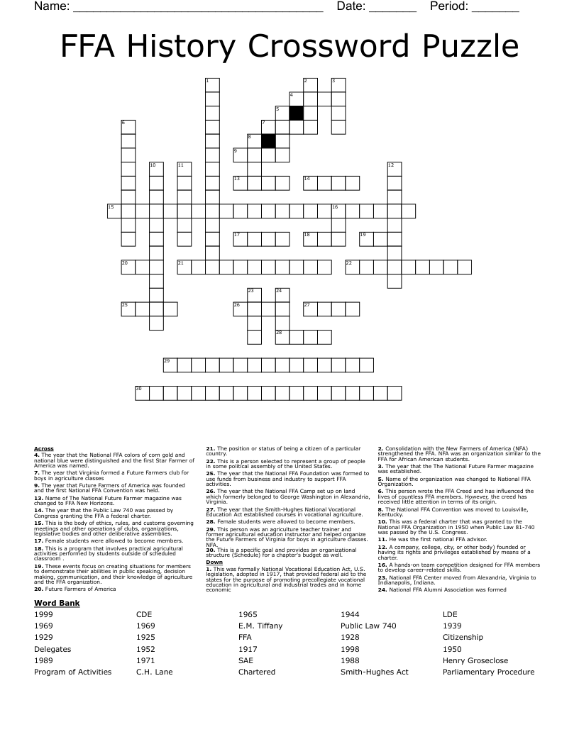 FFA History Crossword Puzzle