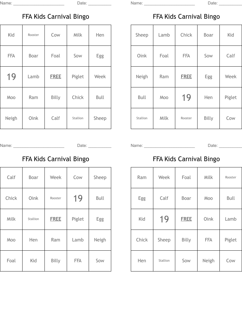 FFA Kids Carnival Bingo