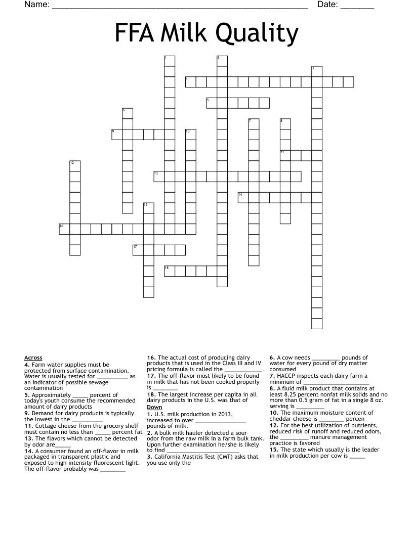 FFA Milk Quality Crossword
