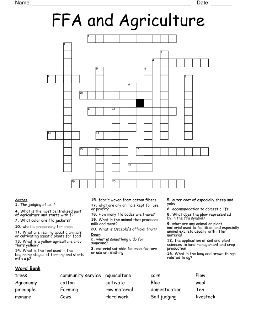 FFA and Agriculture Crossword