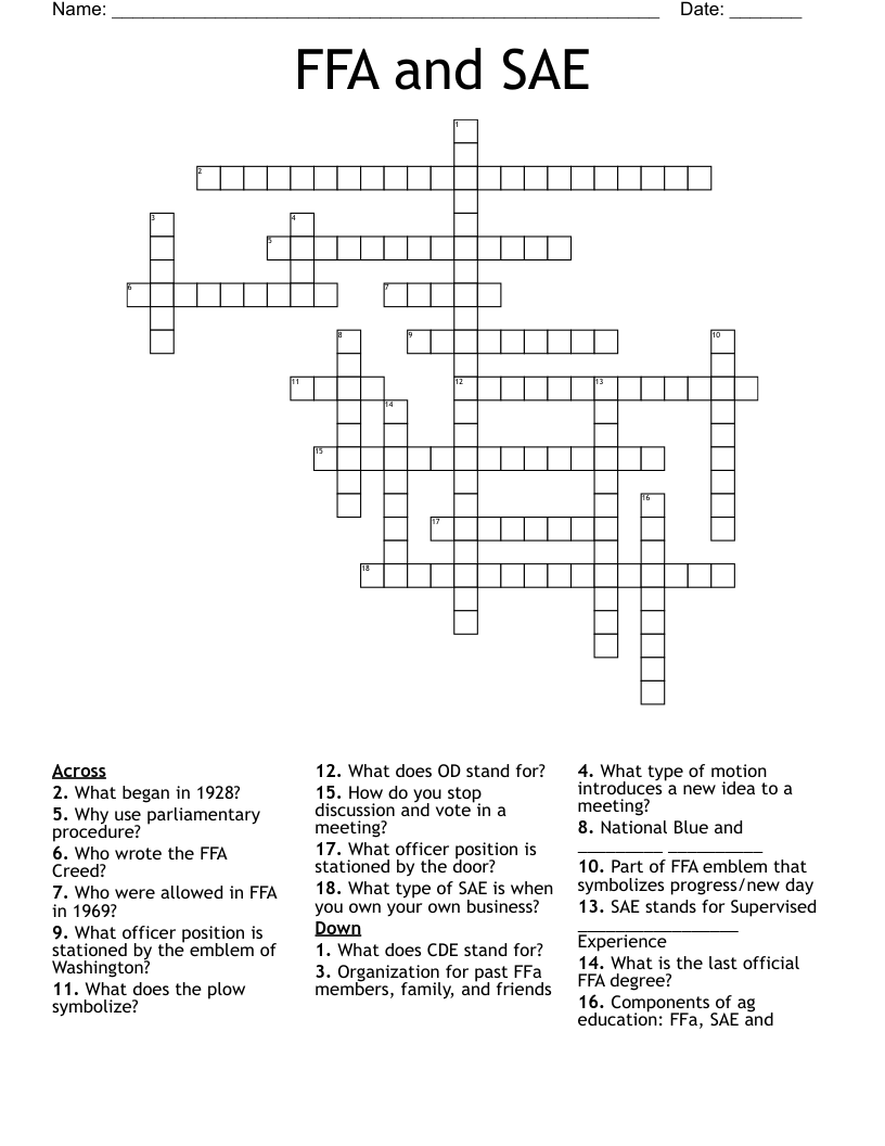 FFA and SAE Crossword