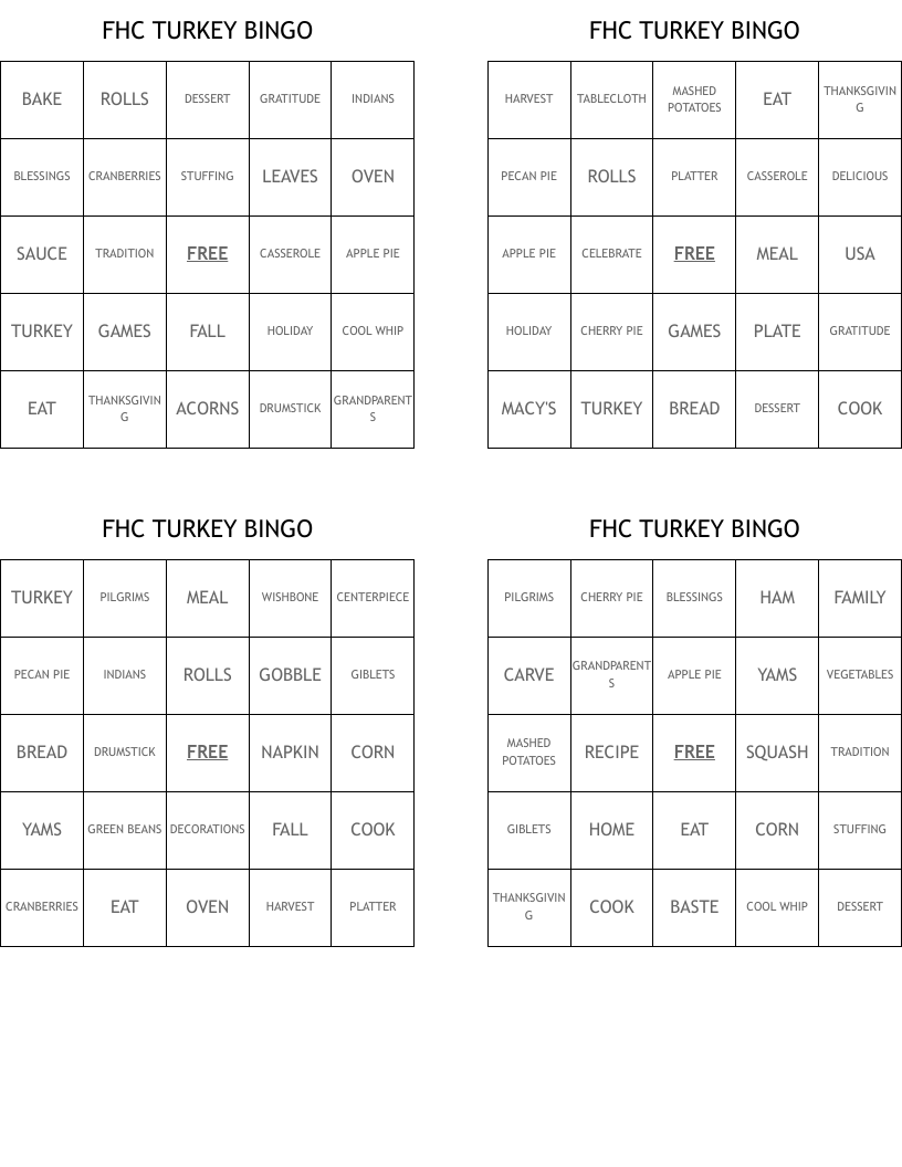 FHC TURKEY BINGO