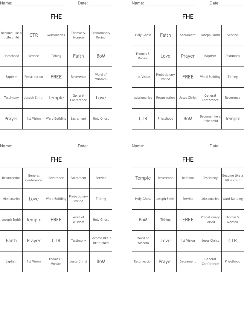 FHE Bingo Cards