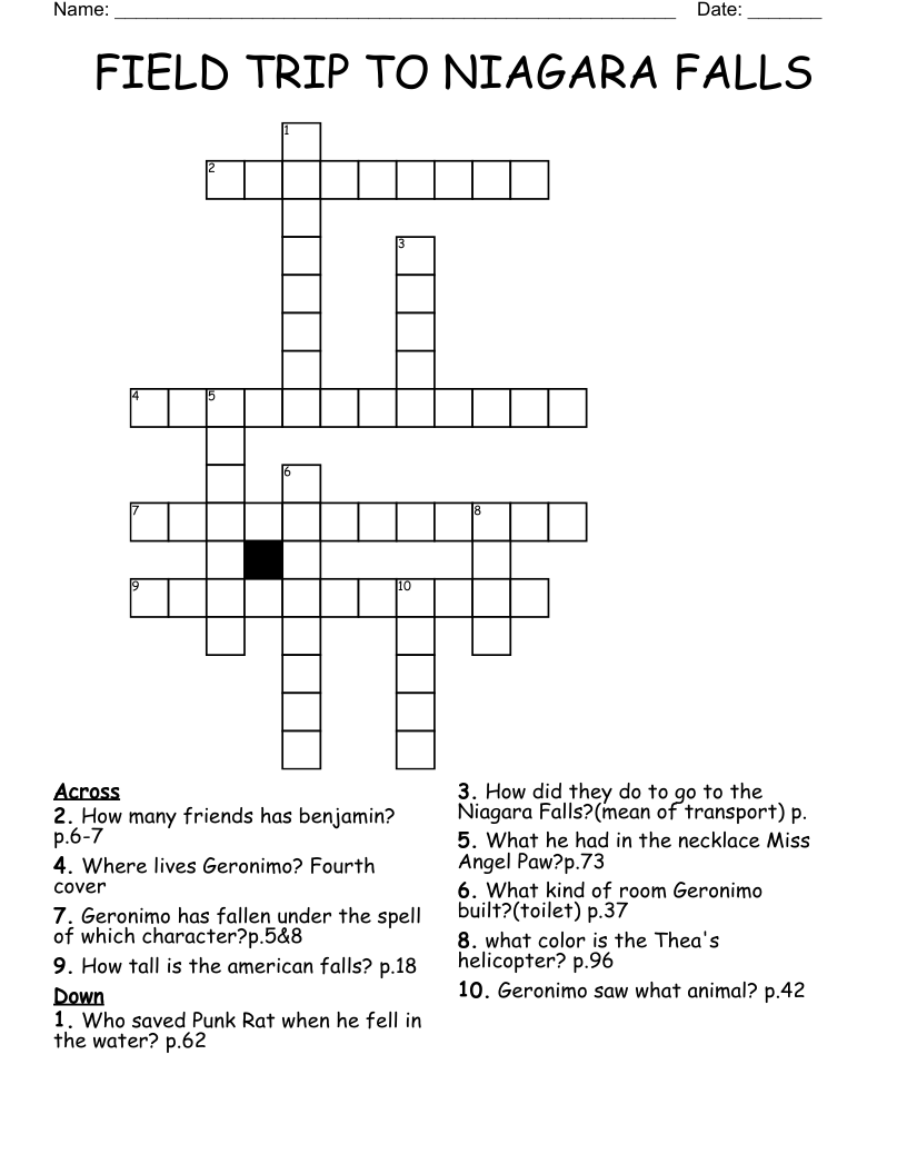 FIELD TRIP TO NIAGARA FALLS Crossword