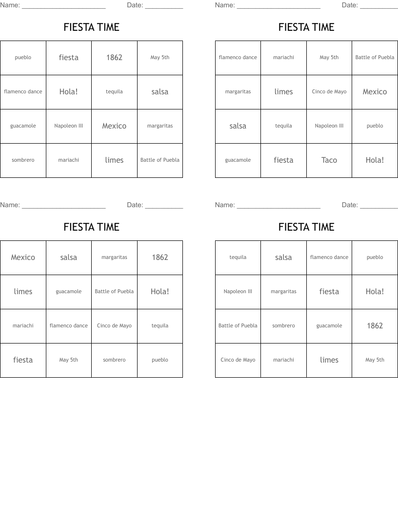 FIESTA TIME Bingo Cards
