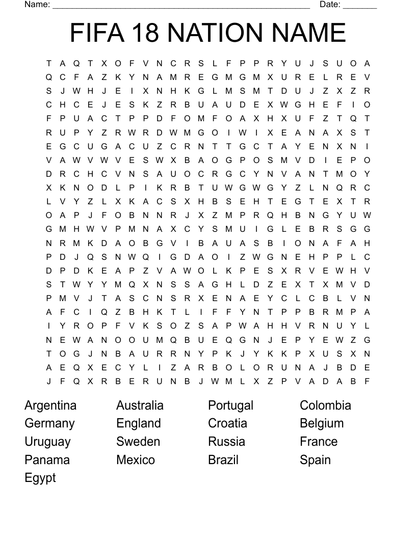 FIFA 18 NATION NAME Word Search