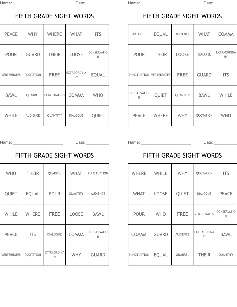 FIFTH GRADE SIGHT WORDS Bingo Cards