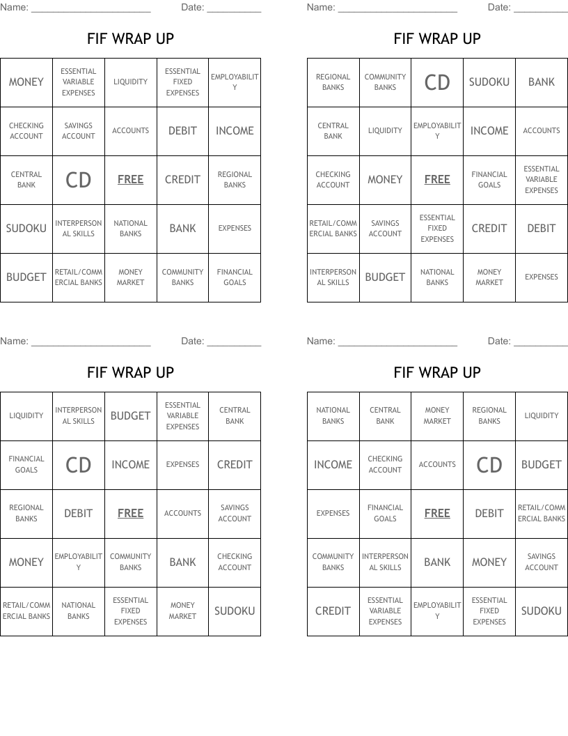 FIF WRAP UP Bingo Cards