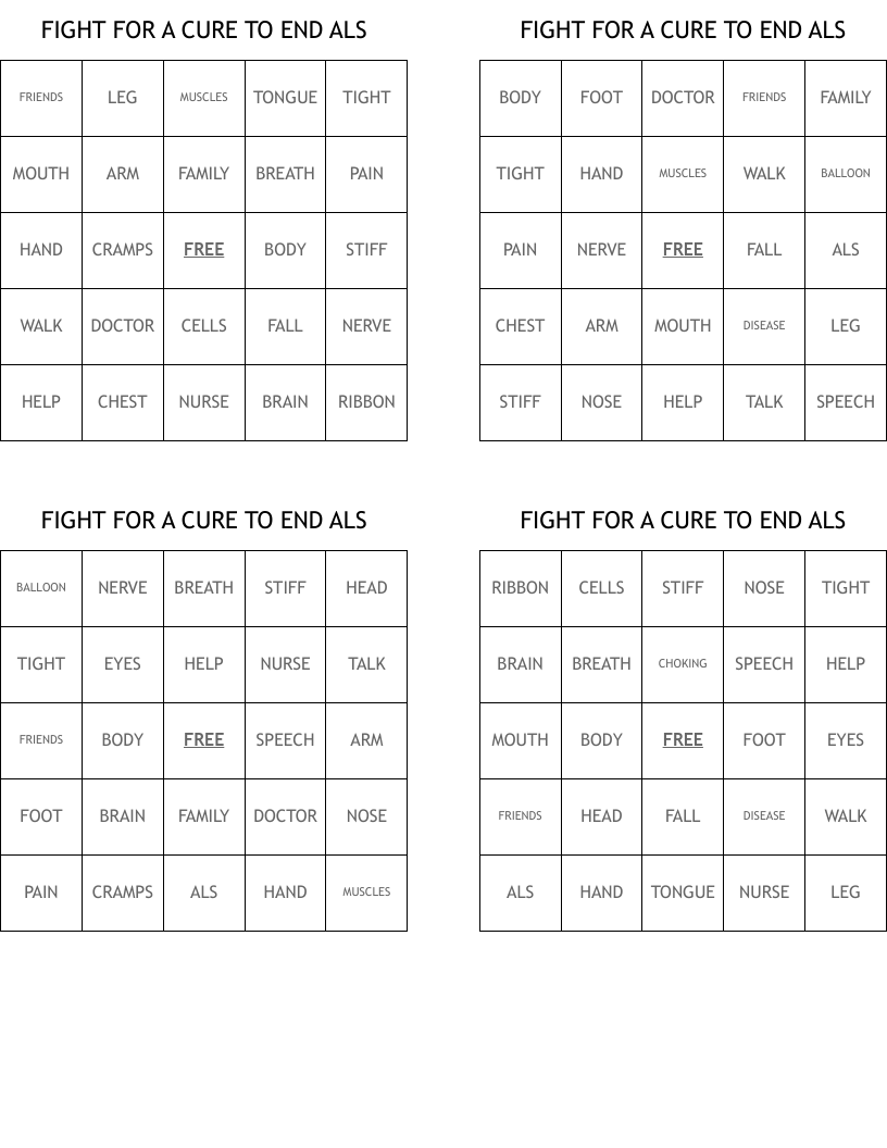 FIGHT FOR A CURE TO END ALS Bingo Cards