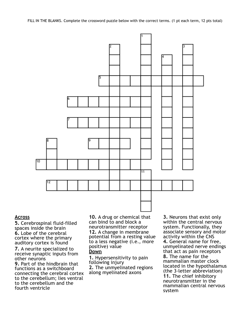 FILL IN THE BLANKS.  Complete the crossword puzzle below with the correct terms. (1 pt each term, 12 pts total)  