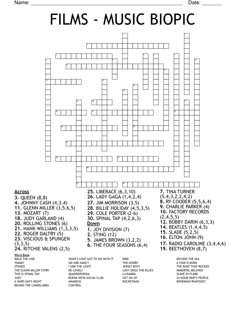 FILMS - MUSIC BIOPIC Crossword