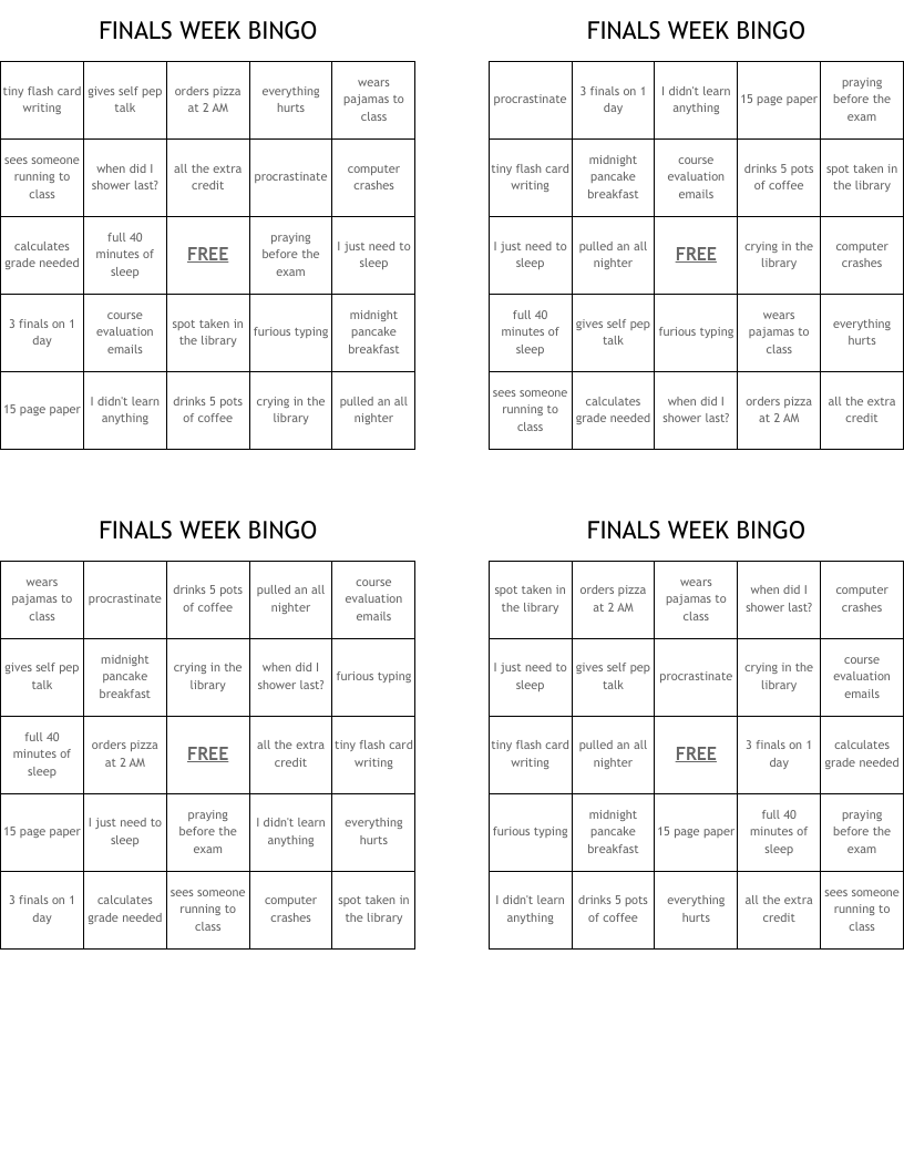 FINALS WEEK BINGO 