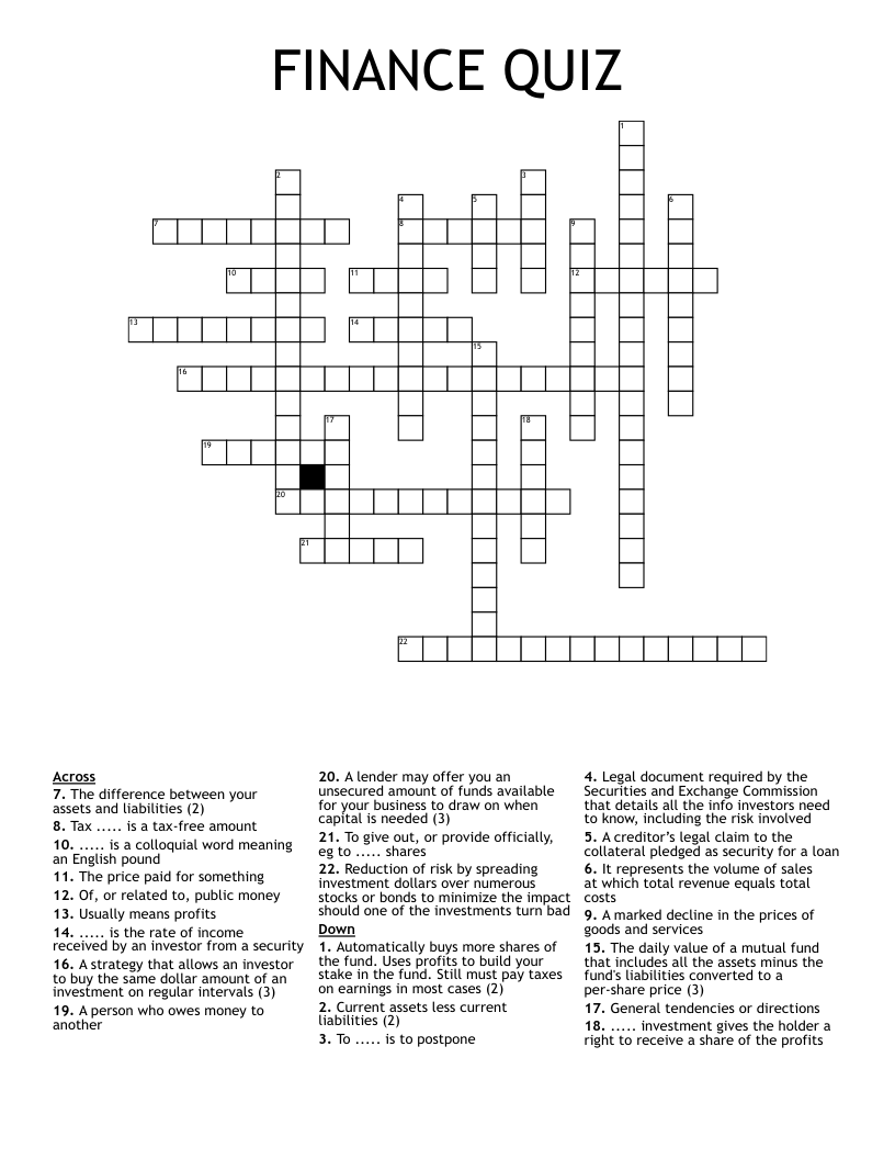 FINANCE QUIZ Crossword