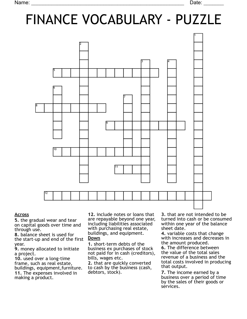 FINANCE VOCABULARY - PUZZLE Crossword