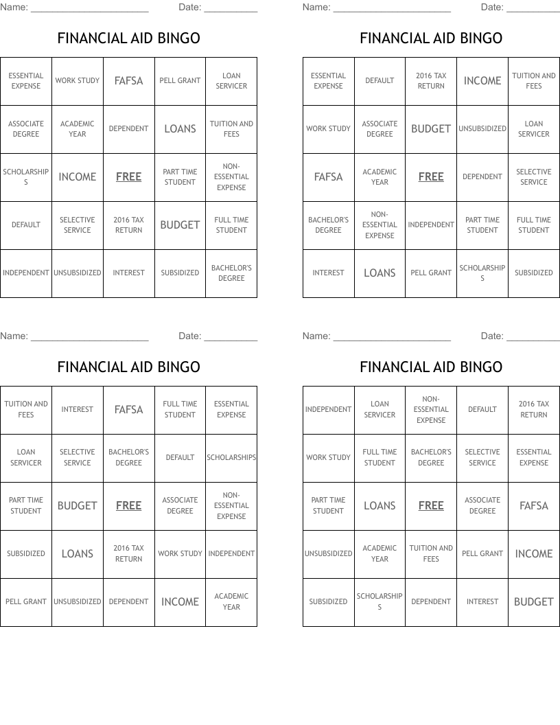 FINANCIAL AID BINGO