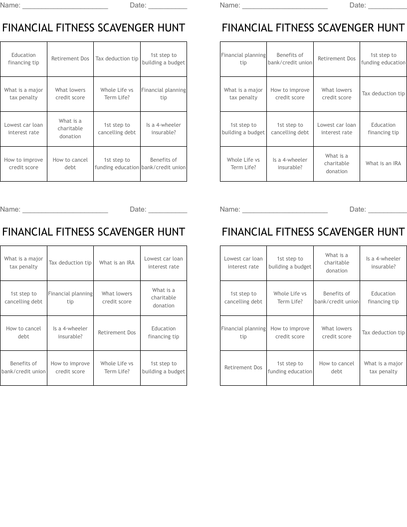FINANCIAL FITNESS SCAVENGER HUNT Bingo Cards