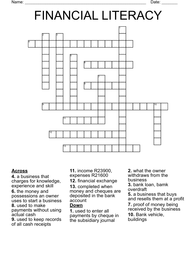 FINANCIAL LITERACY Crossword