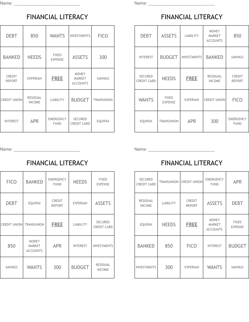 FINANCIAL LITERACY Bingo Cards