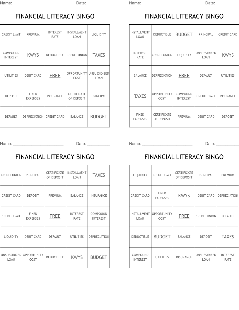 FINANCIAL LITERACY BINGO