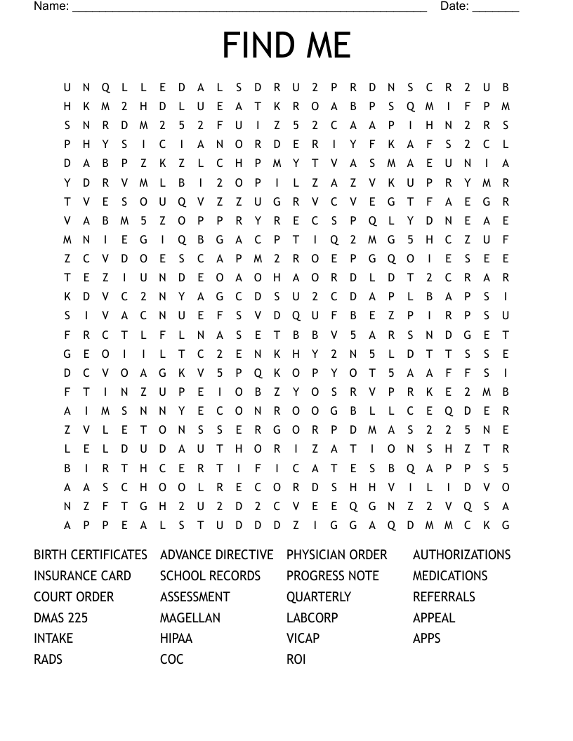 FIND ME Word Search