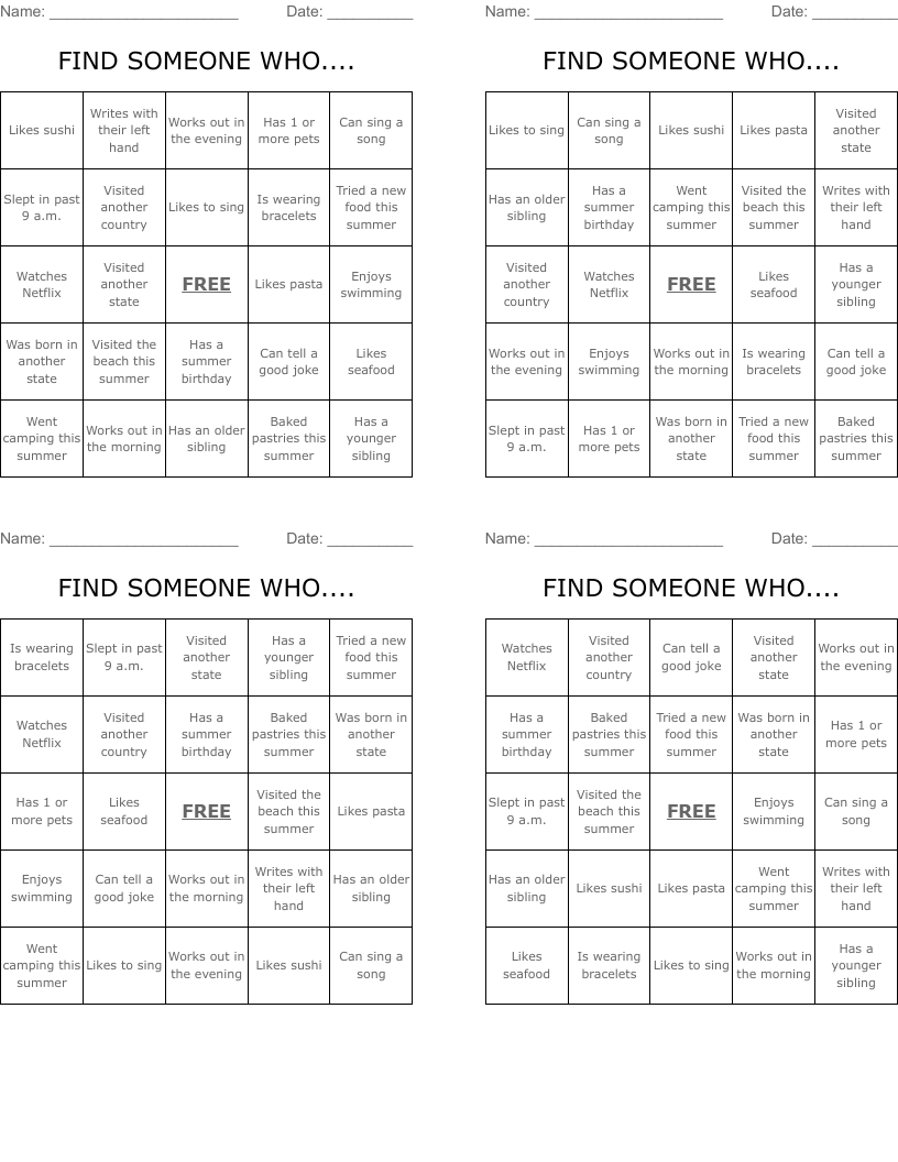FIND SOMEONE WHO.... Bingo Cards