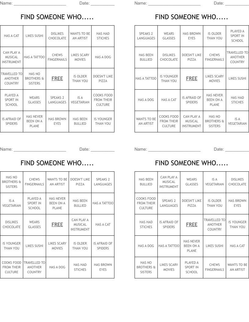 FIND SOMEONE WHO..... Bingo Cards
