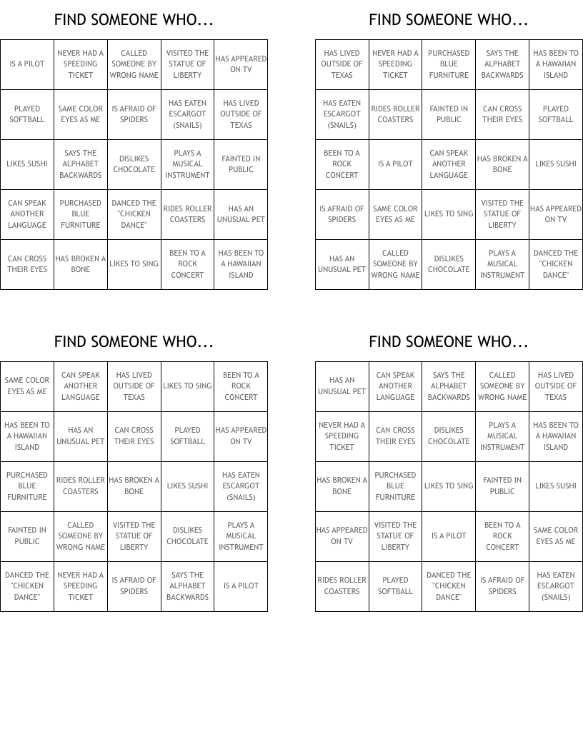 FIND SOMEONE WHO... Bingo Cards