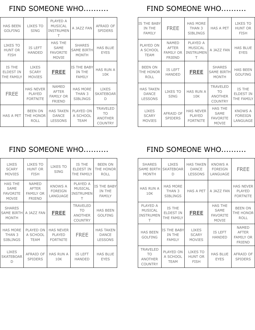 FIND SOMEONE WHO..........   Bingo Cards