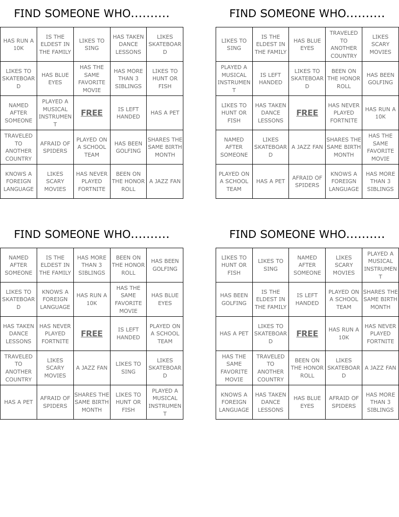 FIND SOMEONE WHO..........    Bingo Cards