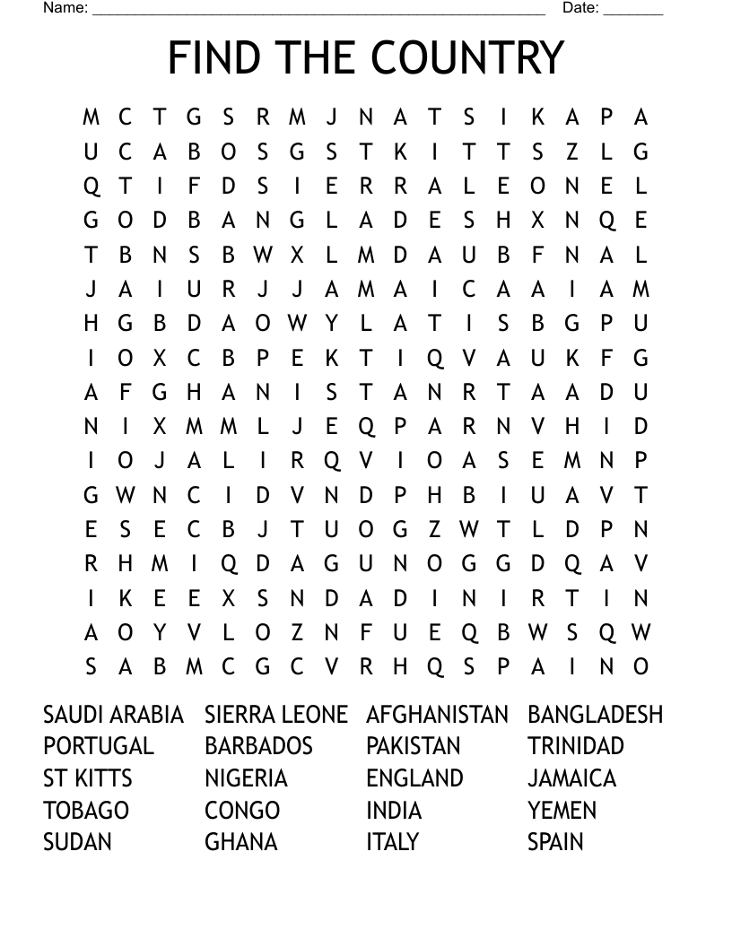 FIND THE COUNTRY  Word Search