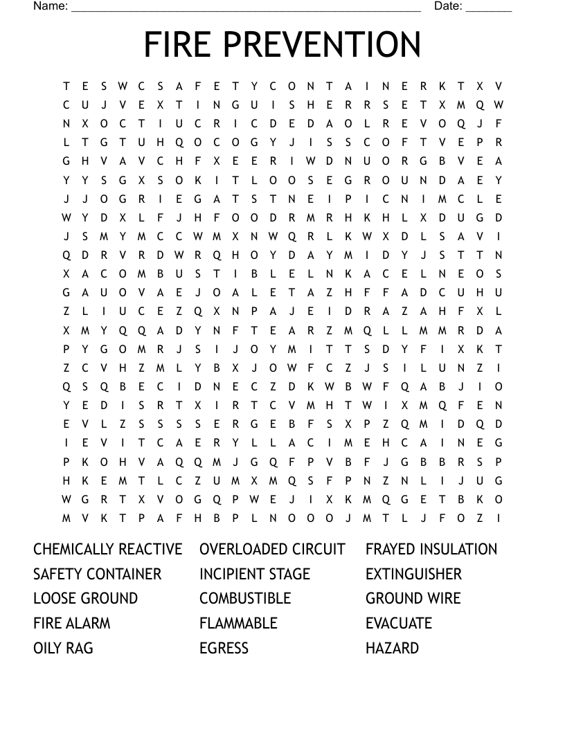 FIRE PREVENTION Word Search