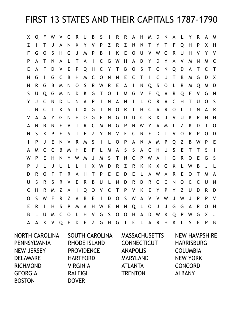 FIRST 13 STATES AND THEIR CAPITALS 1787-1790 Word Search