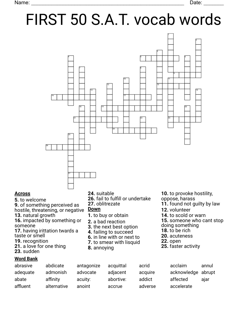 FIRST 50 S.A.T. vocab words Crossword