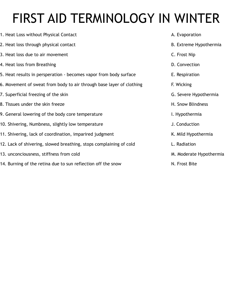 FIRST AID TERMINOLOGY IN WINTER Worksheet