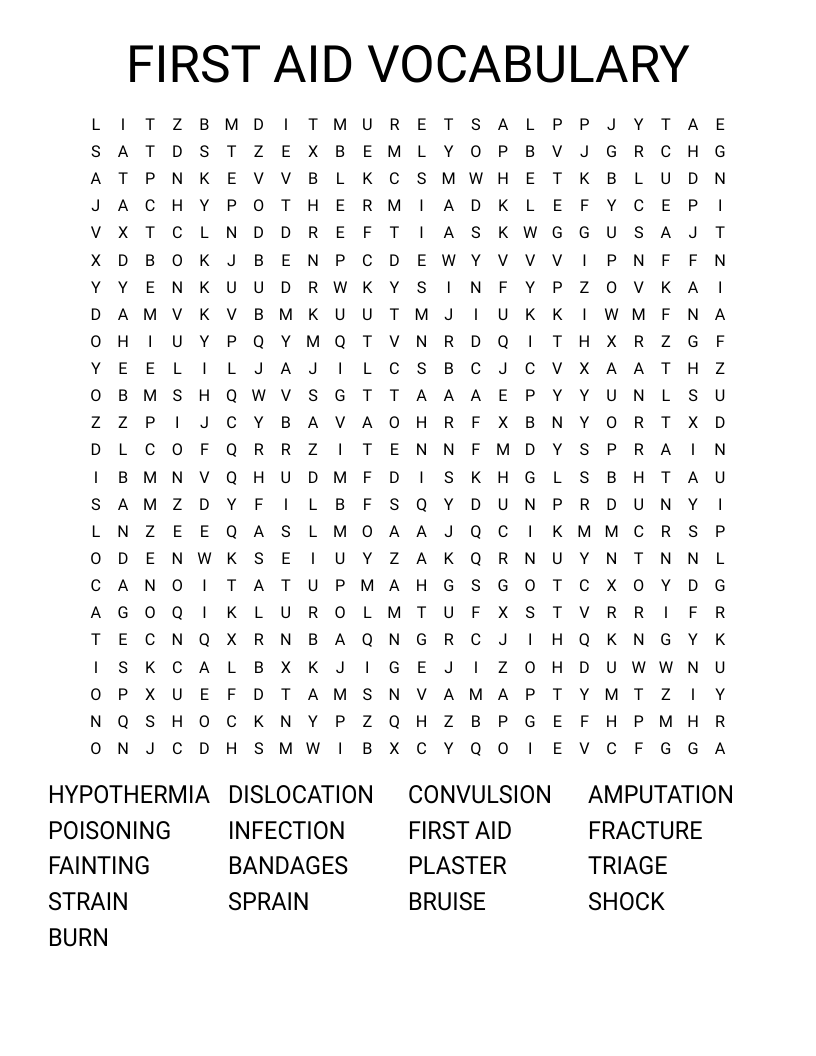 FIRST AID VOCABULARY Word Search
