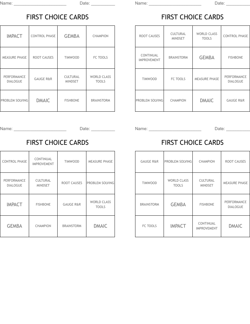 FIRST CHOICE CARDS Bingo Cards