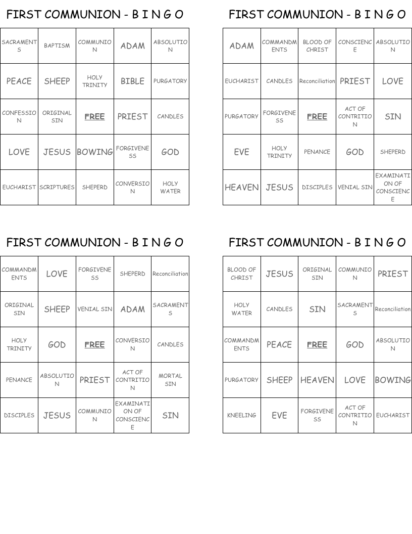 FIRST COMMUNION - B I N G O Bingo Cards