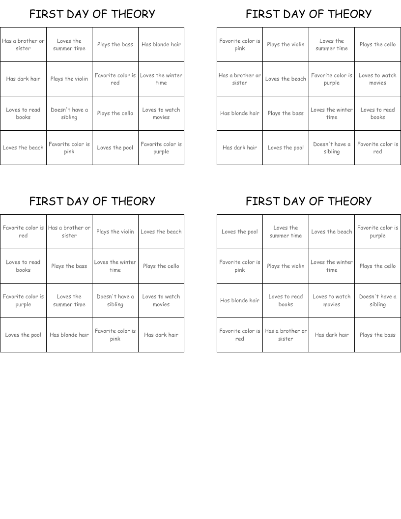 FIRST DAY OF THEORY Bingo Cards