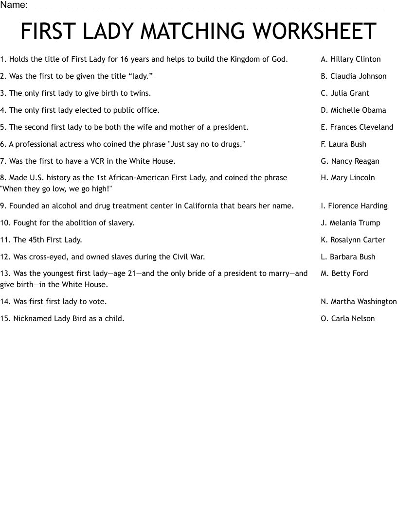 FIRST LADY MATCHING WORKSHEET