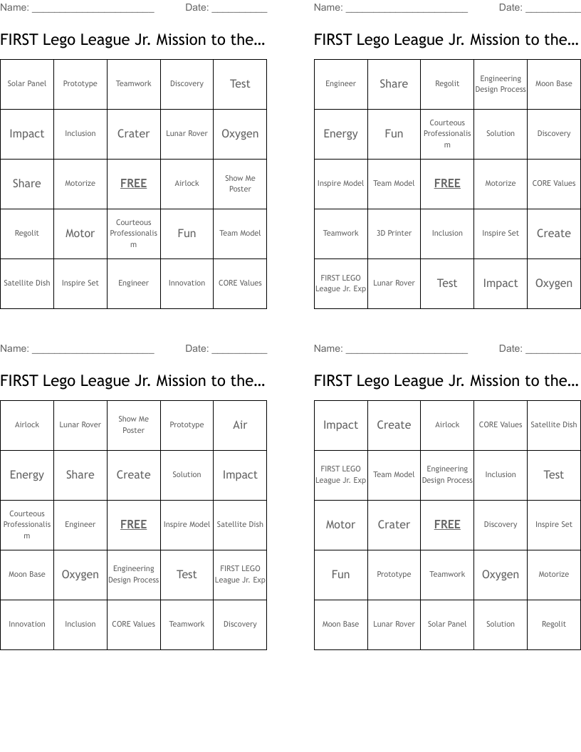 FIRST Lego League Jr. Mission to the Moon Vocab Bingo Cards