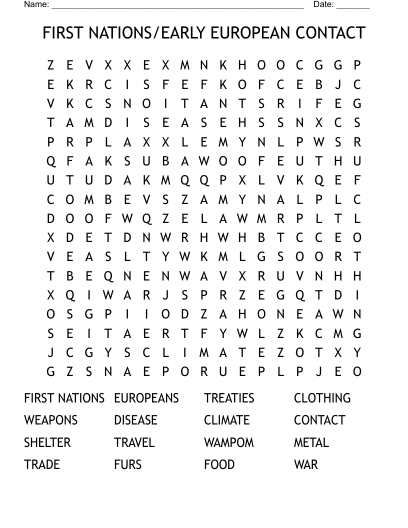 FIRST NATIONS/EARLY EUROPEAN CONTACT Word Search