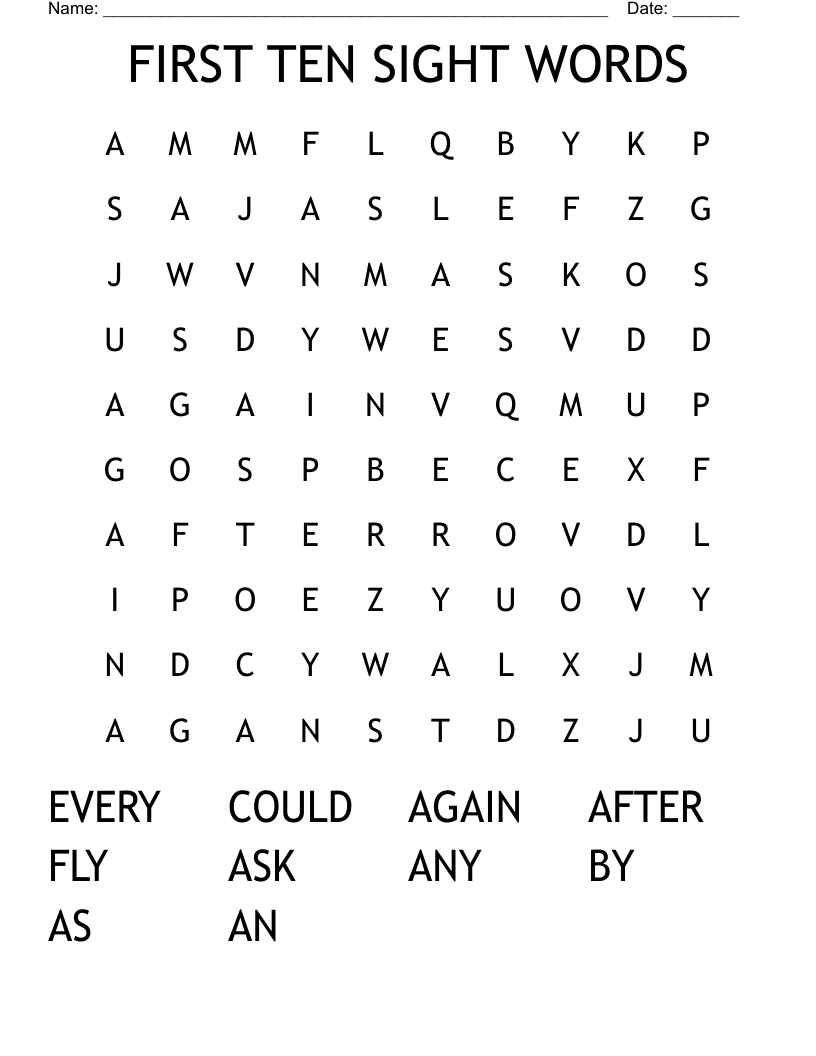 FIRST TEN SIGHT WORDS Word Search